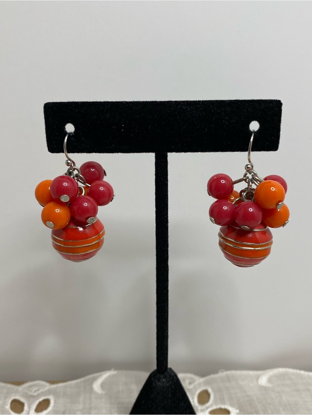 Cha Cha Dangle Earrings Red Orange Beaded Cluster Silver Tone Hooks
